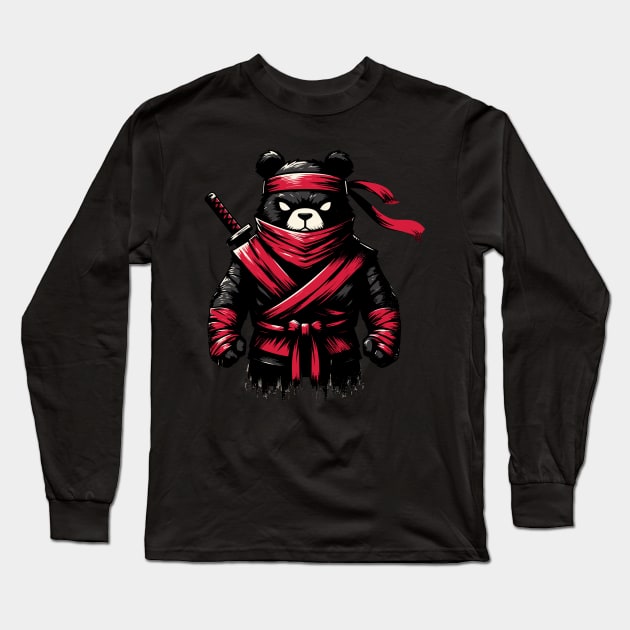 Cool Ninja Bear Japanese Retro Vintage Style Long Sleeve T-Shirt by TomFrontierArt